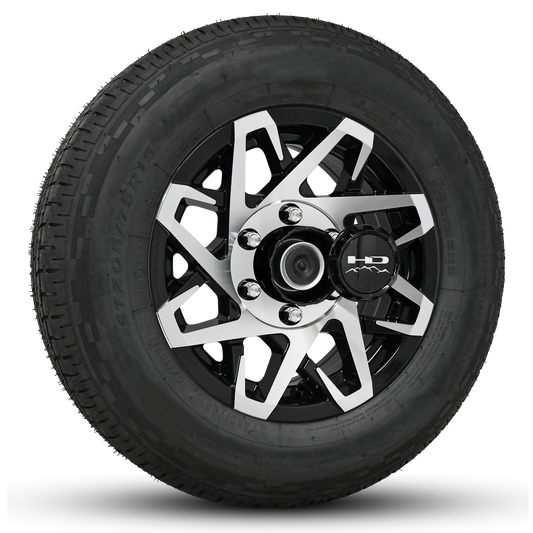 16 INCH | 6 on 5-1/2 | CANYON Aluminum Trailer Wheel w/ Radial Tire Assembly | Gloss Black with Machined Face ( 1pc )