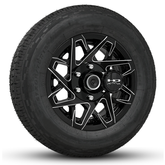 16 INCH | 6 on 5-1/2 | CANYON Aluminum Trailer Wheel w/ Radial Tire Assembly | Gloss Black with Milled Edges ( 1pc )