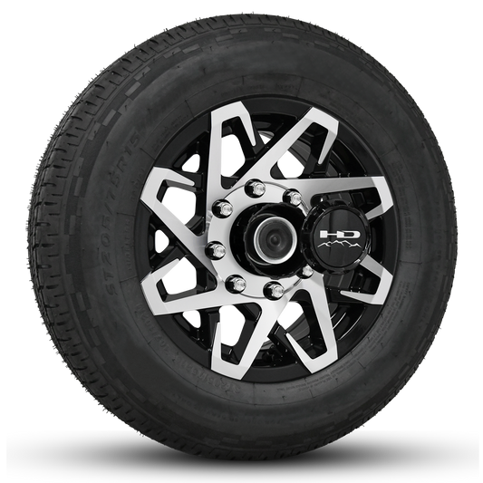 16 INCH | 8 on 6-1/2 | CANYON Aluminum Trailer Wheel w/ Radial Tire Assembly | Gloss Black with Machined Face ( 1pc )