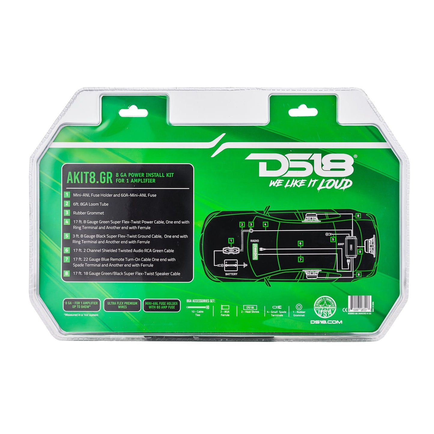 8-GA Amplifier Installation Wiring Kit - Green