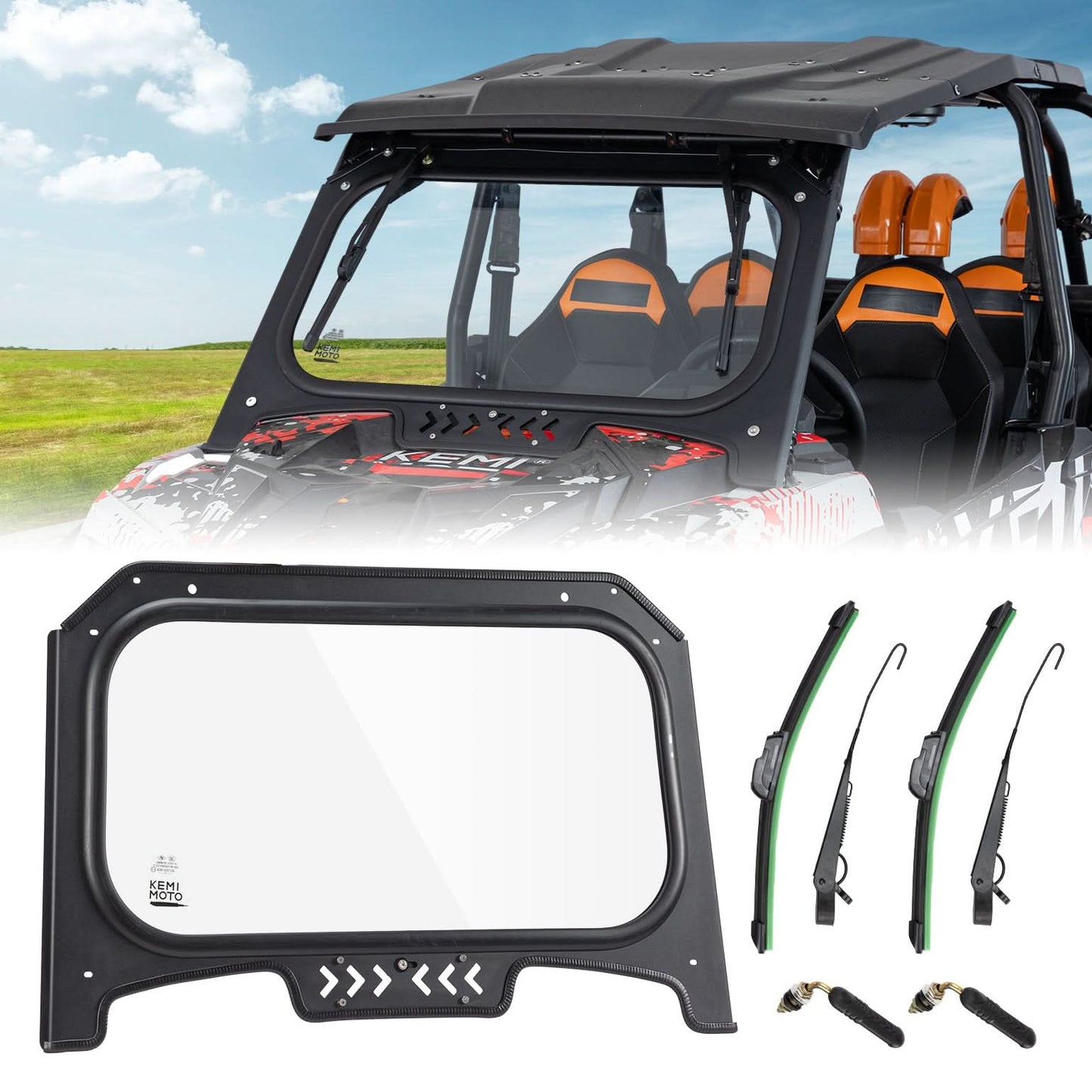 Kemimoto Glass Windshield with 2 Manual Wipers 2019-2023 Polaris RZR X