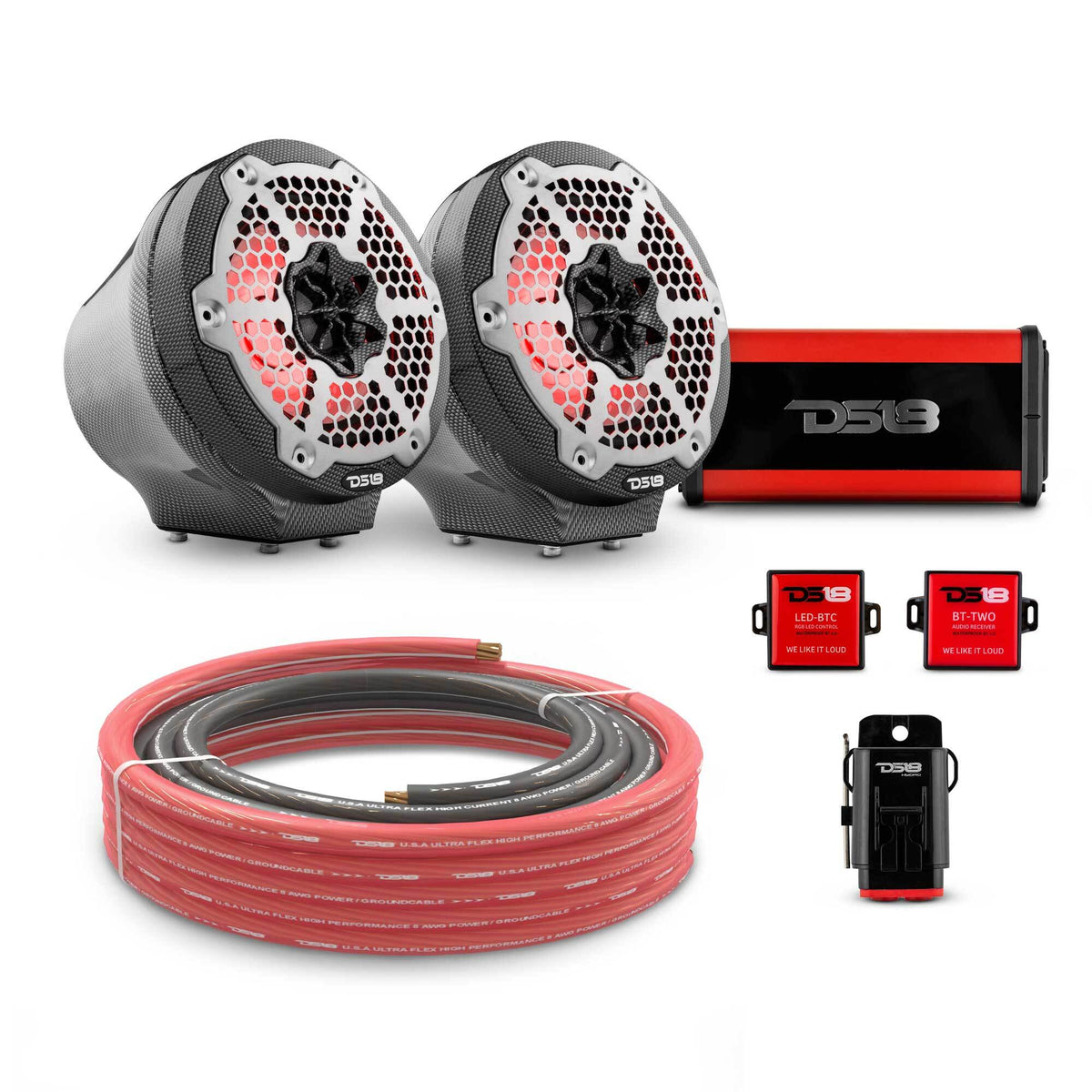 6.5" Loaded Flat Mount Speaker Pods with Amplifier, Installation Kit and RGB LED Lights, Package for Can-Am Spyder & Ryker
