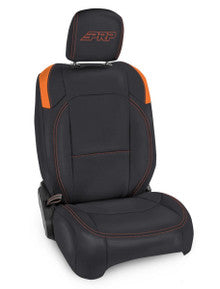 Front Seat Covers for Jeep Wrangler JLU, 4 door; Jeep Gladiator JT; with Pocket Back (Pair) - Black with Red Stitching