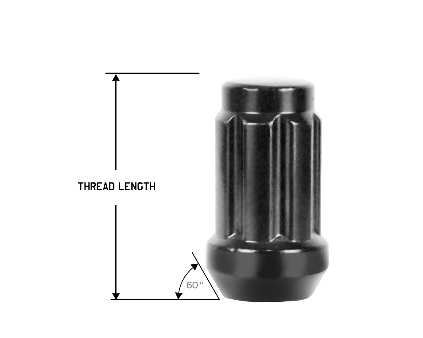 Perfectly Tight 7 Spline Lug Nut Tapered Seat 10x1.25 x 35mm - Black Steel - Set of 16 w/ Key
