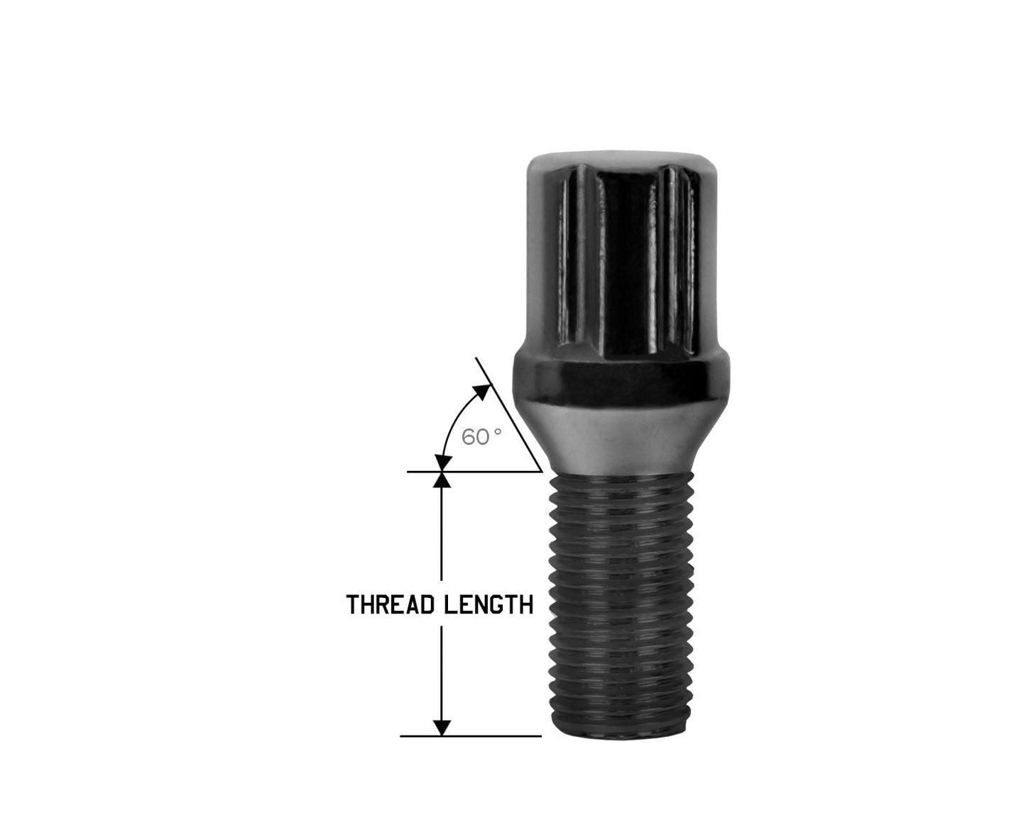 Perfectly Tight 7 Spline Lug Bolt Tapered Seat 12x1.5 x 17mm - Black Steel - Set of 20 w/ Key