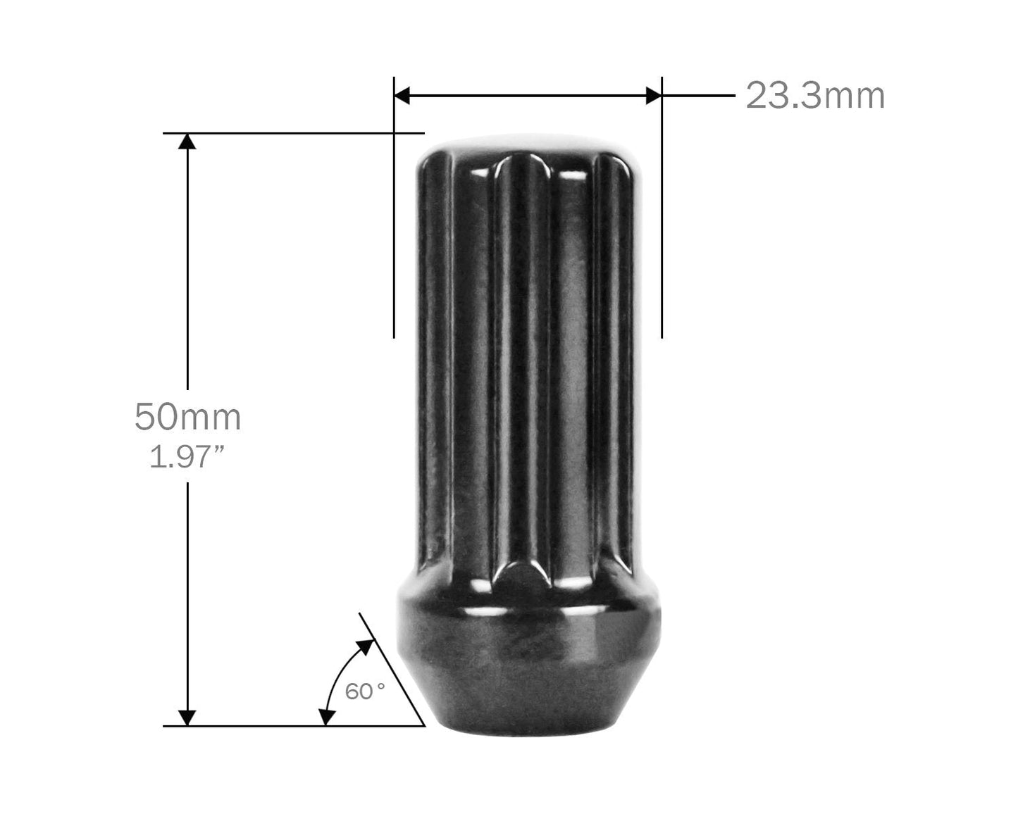 Perfectly Tight 7 Spline Lug Nut Tapered Seat 12x1.25 x 50mm - Black Steel - Set of 32 w/ Key