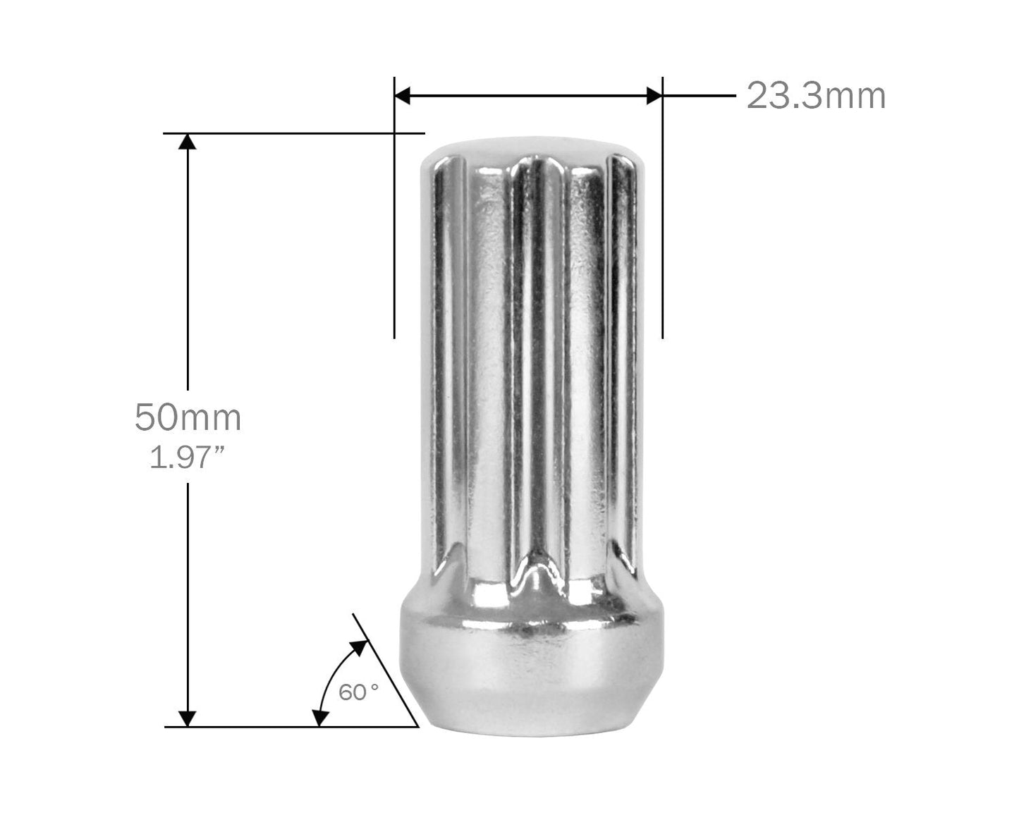 Perfectly Tight 7 Spline Lug Nut Tapered Seat 14x1.5 x 50mm - Chrome Steel - Set of 32 w/ Key