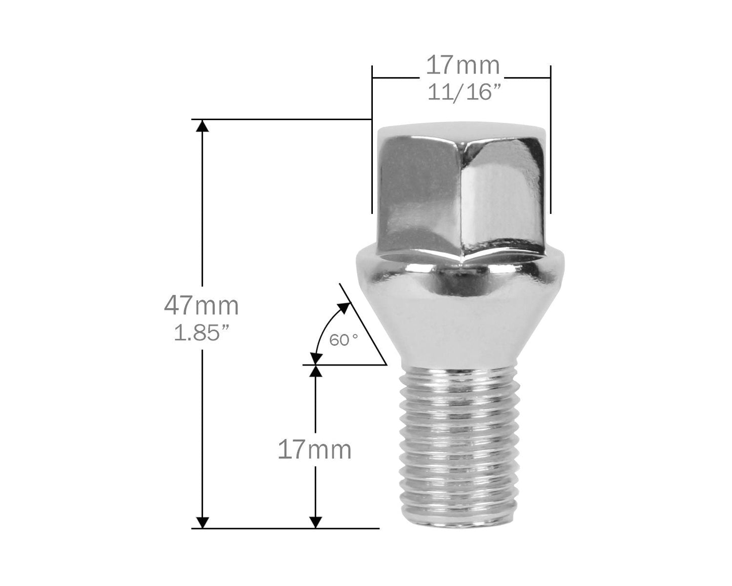 Perfectly Tight 17mm Hex Lug Bolt Tapered Seat 14x1.5 x 17mm - Chrome Steel - Set of 20