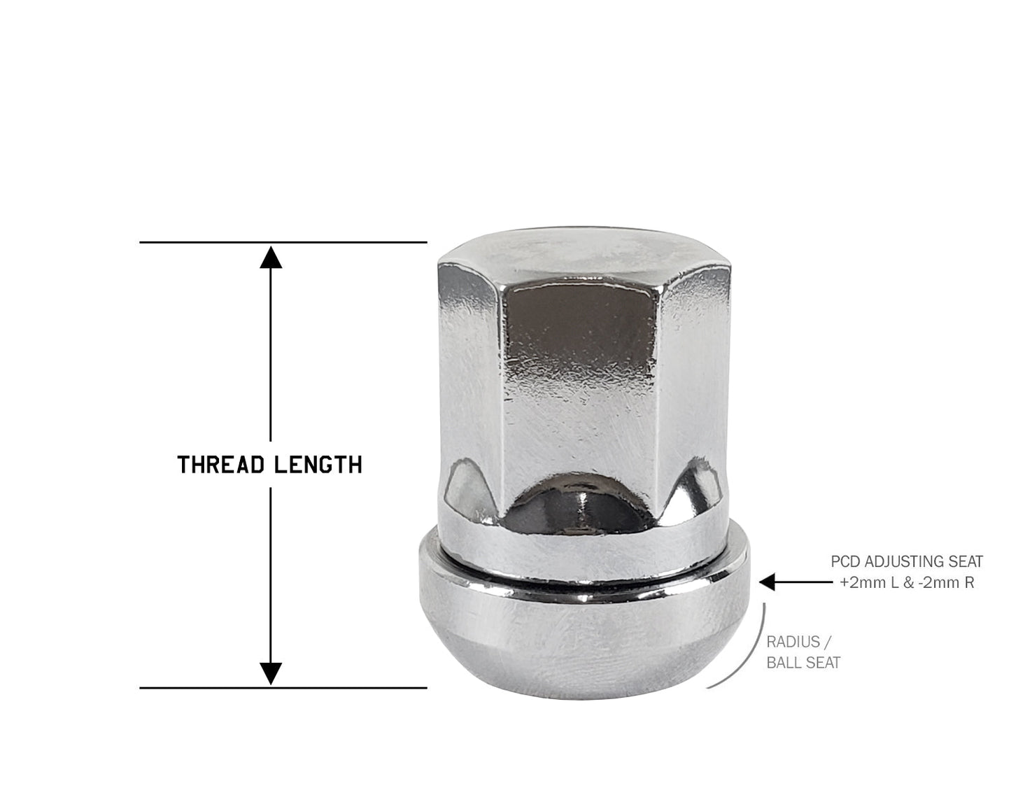 Perfectly Tight Adjustable 19mm Hex Lug Nut Radius Seat 14x1.5 x 32mm - Chrome Steel - Set of 20