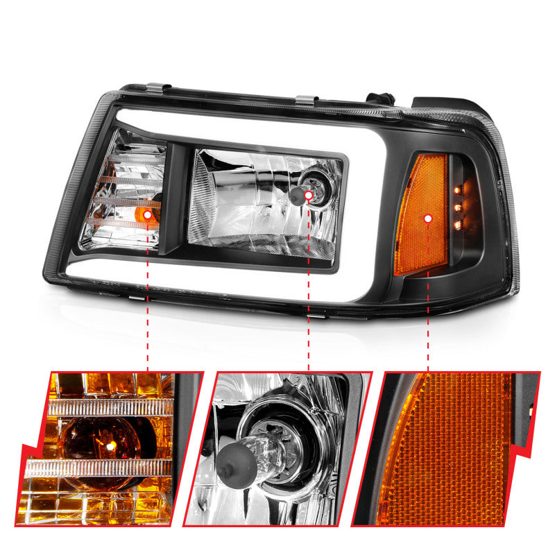 ANZO 2001-2011 Ford Ranger Crystal Headlights w/ Light Bar Black Housing 111511