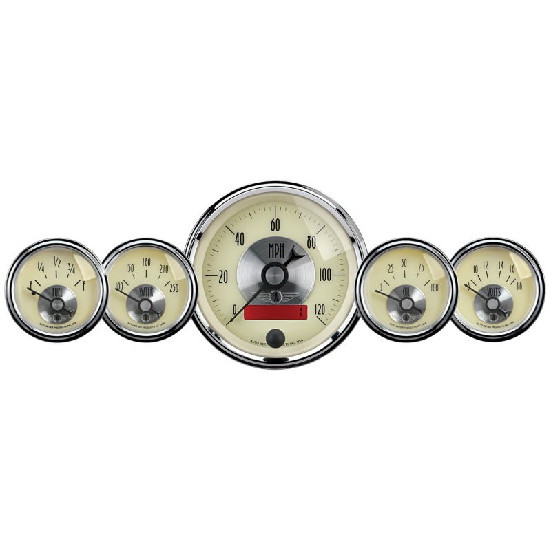 AutoMeter Gauge Kit 5 Pc. 3-3/8in. & 2-1/16in. Elec. Speedo W/Lcd Odo Prestige Antq. Ivory 2000