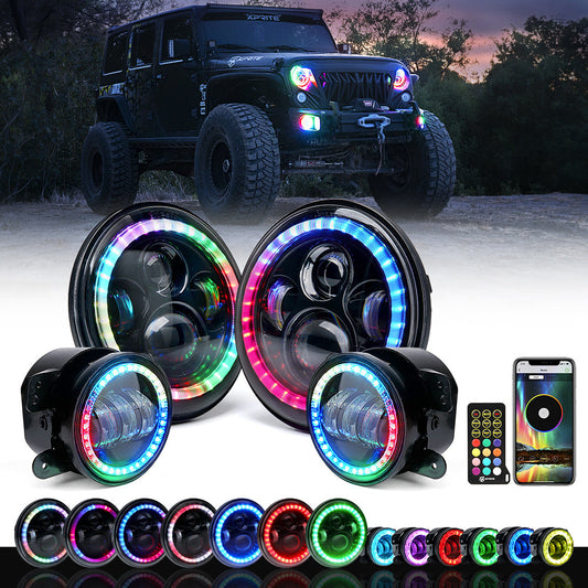 Xprite 7" RGB LED Halo Headlights & RGB Fog Lights Kit 07-18 Wran