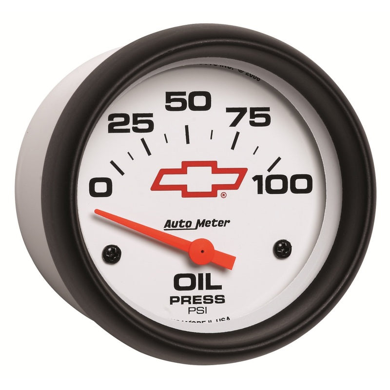 AutoMeter Gauge Oil Pressure 2-5/8in. 100PSI Electric Chevy Red Bowtie White 5827-00406