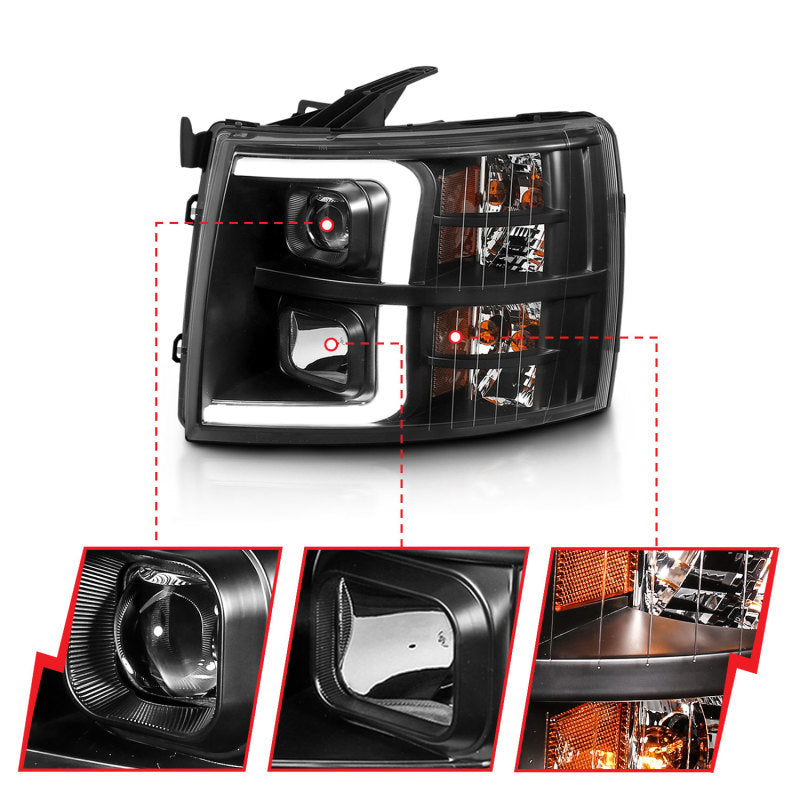 ANZO 07-13 Chevrolet Silverado 3500 Projector Headlights - Black Amber 111480