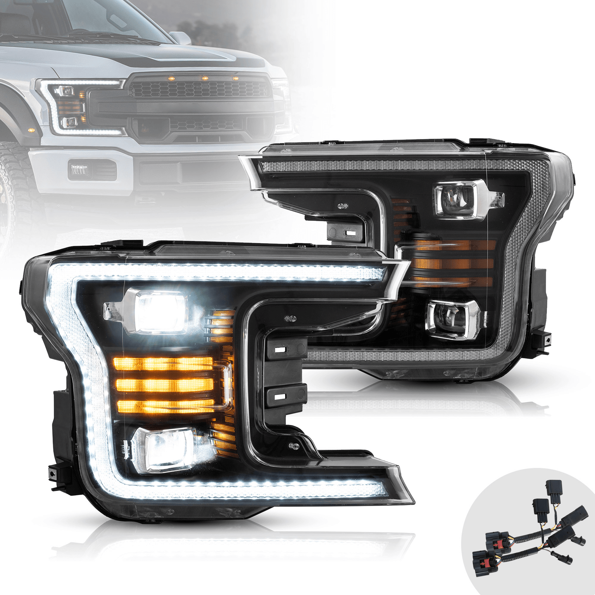 LED Headlight Assembly Dual Beam Projector Black For 2018-2020 Ford F150 13th Gen