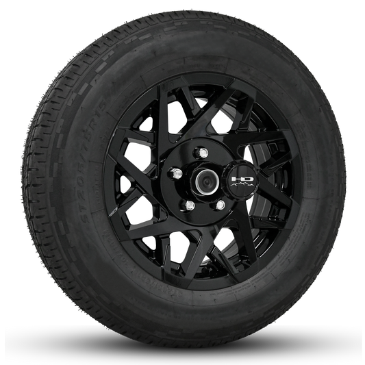 15 INCH | 5 on 4-1/2 | CANYON Aluminum Trailer Wheel w/ Radial Tire Assembly | All Gloss Black ( 1pc )