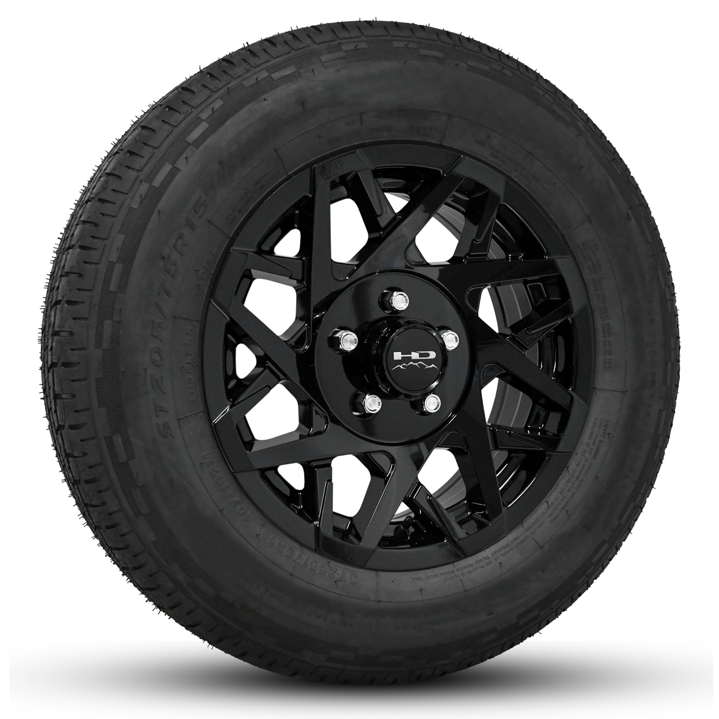14 INCH | 5 on 4-1/2 | CANYON Aluminum Trailer Wheel w/ Radial Tire Assembly | All Gloss Black ( 1pc )