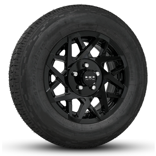 14 INCH | 5 on 4-1/2 | CANYON Aluminum Trailer Wheel w/ Radial Tire Assembly | All Gloss Black ( 1pc )