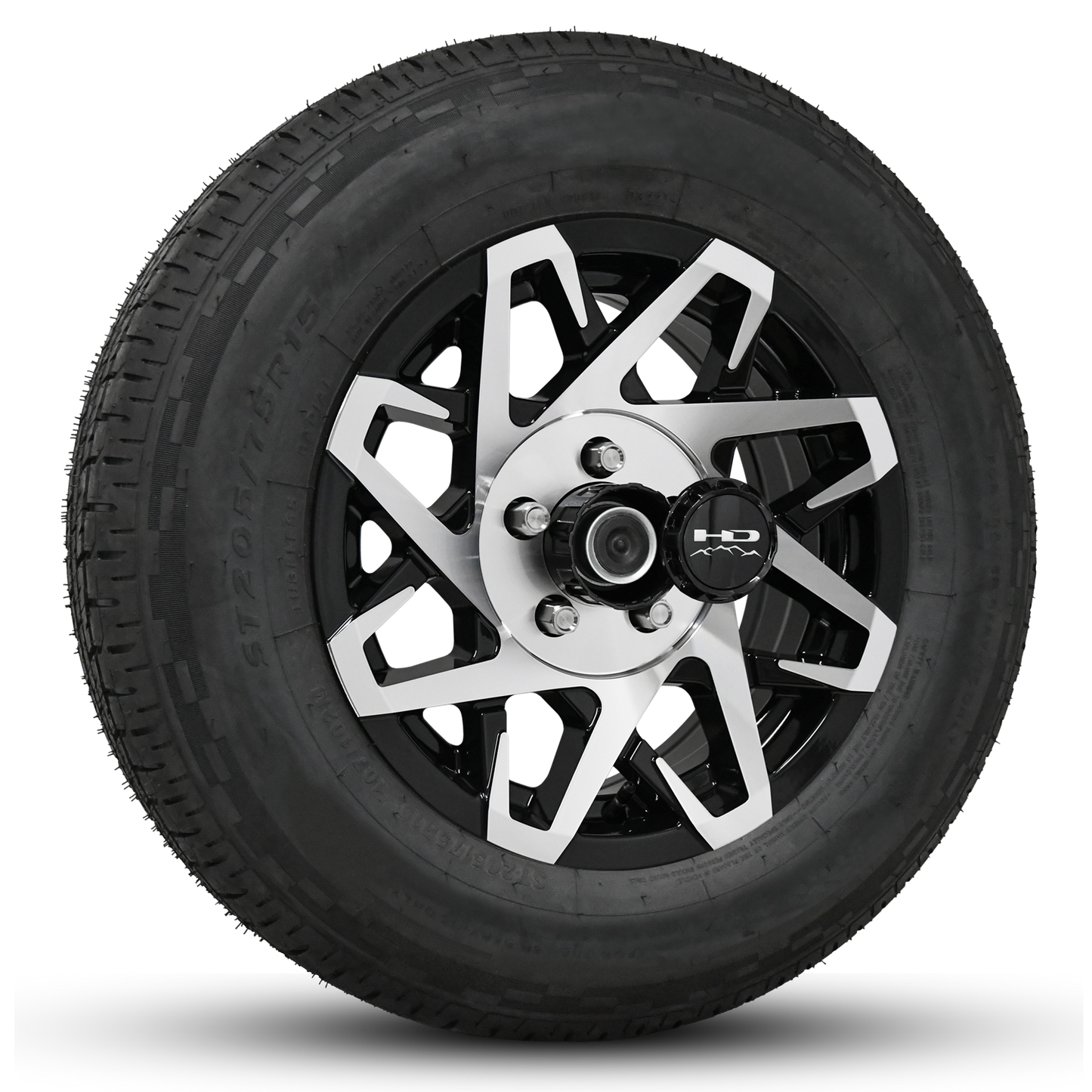 14 INCH | 5 on 4-1/2 | CANYON Aluminum Trailer Wheel w/ Radial Tire Assembly | Gloss Black with Machined Face ( 1pc )