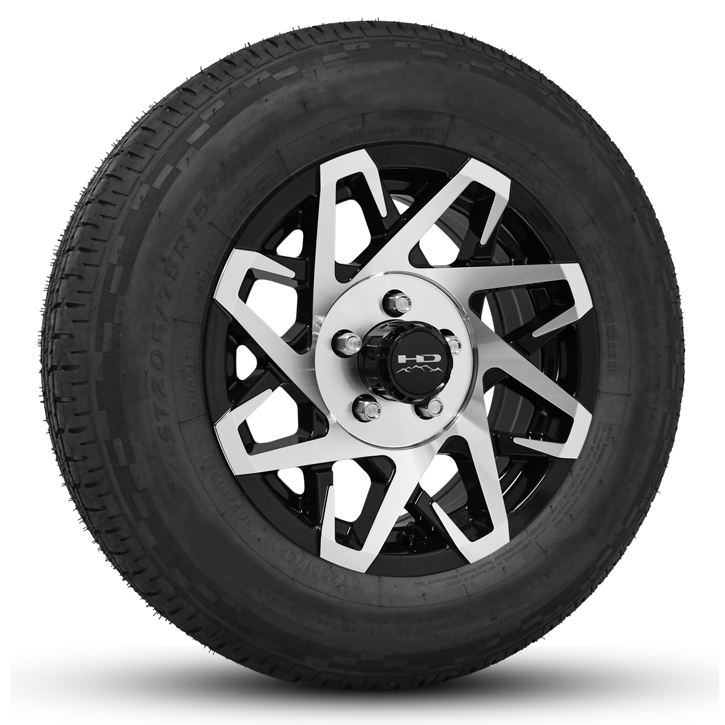14 INCH | 5 on 4-1/2 | CANYON Aluminum Trailer Wheel w/ Radial Tire Assembly | Gloss Black with Machined Face ( 1pc )