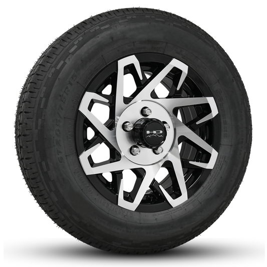 15 INCH | 5 on 4-1/2| CANYON Aluminum Trailer Wheel w/ Radial Tire Assembly | Gloss Black with Machined Face ( 1pc )