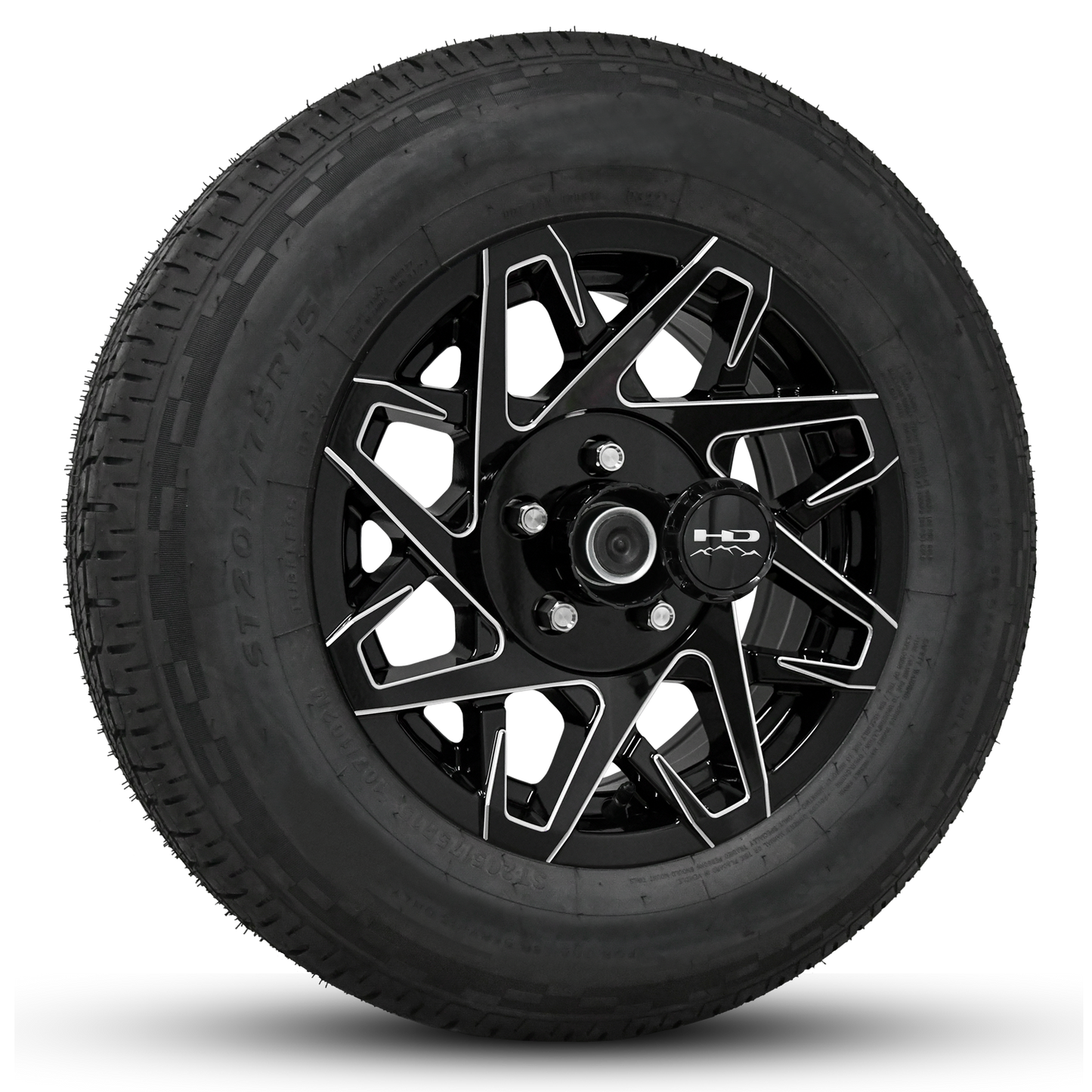 15 INCH | 5 on 4-1/2 | CANYON Aluminum Trailer Wheel w/ Radial Tire Assembly | Gloss Black with Milled Edges ( 1pc )