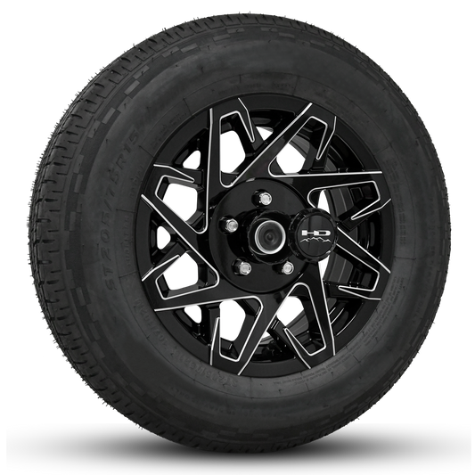 15 INCH | 5 on 4-1/2 | CANYON Aluminum Trailer Wheel w/ Radial Tire Assembly | Gloss Black with Milled Edges ( 1pc )