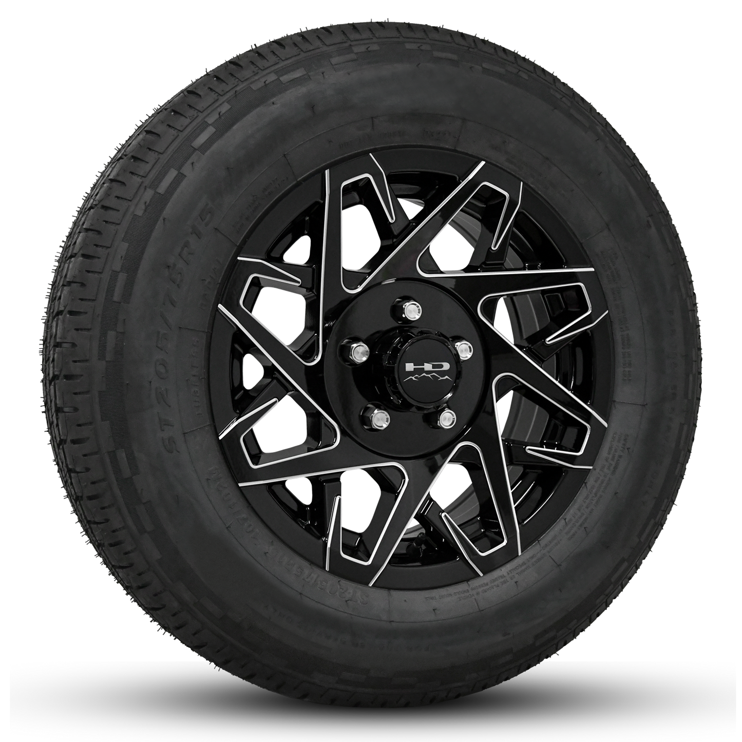15 INCH | 5 on 4-1/2 | CANYON Aluminum Trailer Wheel w/ Radial Tire Assembly | Gloss Black with Milled Edges ( 1pc )
