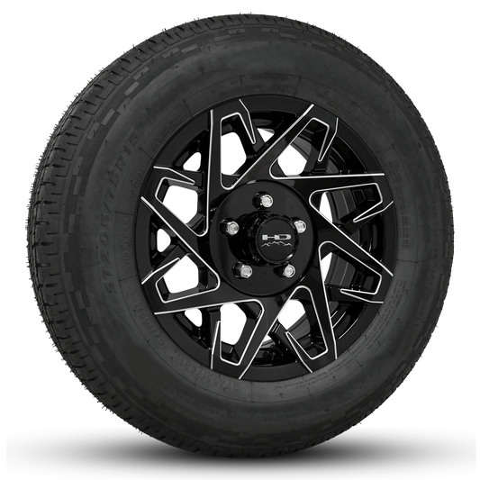 15 INCH | 5 on 4-1/2 | CANYON Aluminum Trailer Wheel w/ Radial Tire Assembly | Gloss Black with Milled Edges ( 1pc )