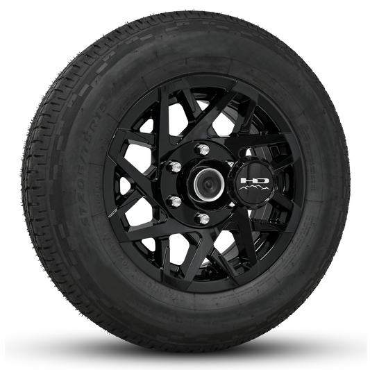 16 INCH | 6 on 5-1/2 | CANYON Aluminum Trailer Wheel w/ Radial Tire Assembly | All Gloss Black ( 1pc )
