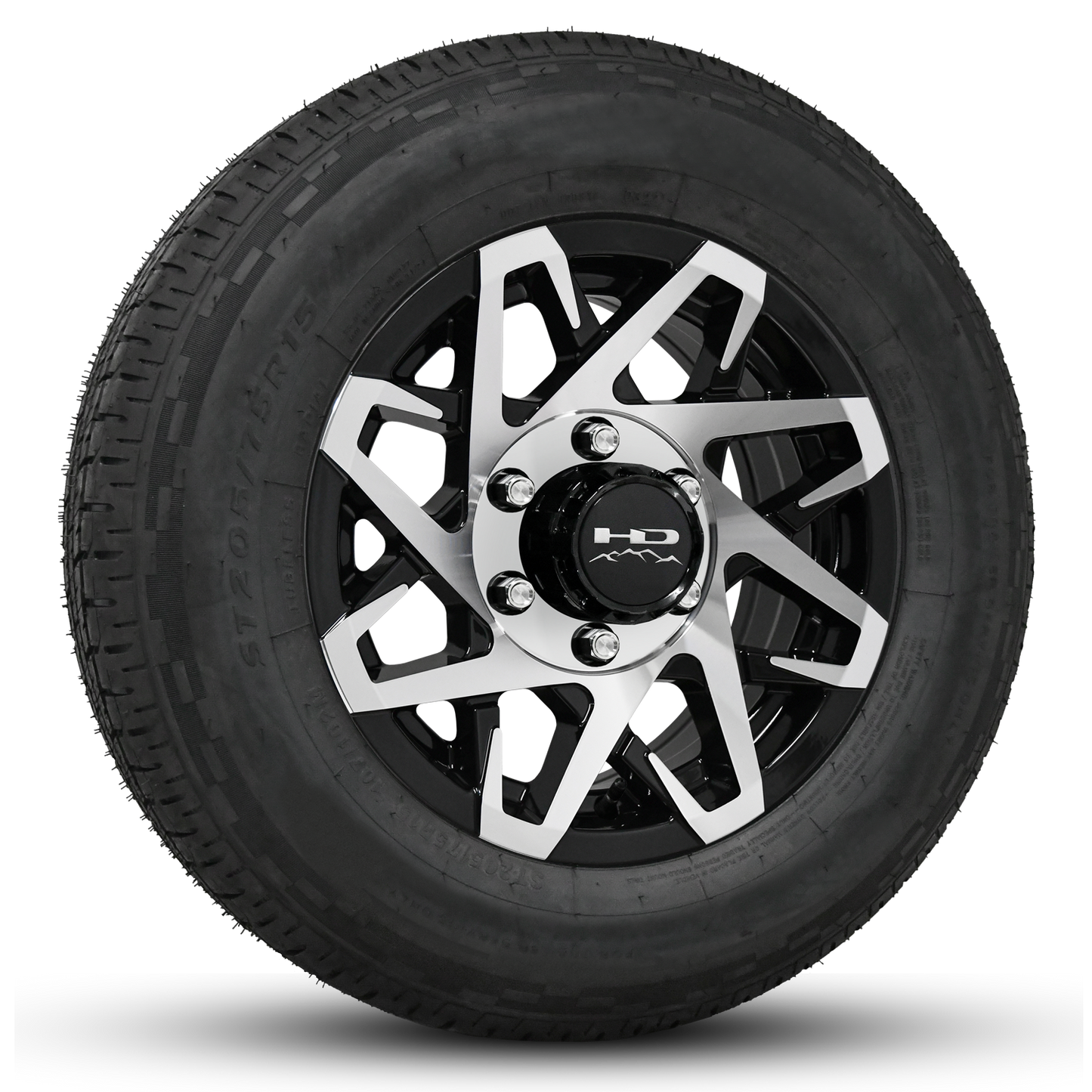 15 INCH | 6 on 5-1/2 | CANYON Aluminum Trailer Wheel w/ Radial Tire Assembly | Gloss Black with Machined Face ( 1pc )