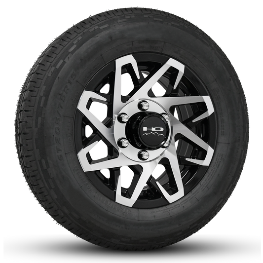 15 INCH | 6 on 5-1/2 | CANYON Aluminum Trailer Wheel w/ Radial Tire Assembly | Gloss Black with Machined Face ( 1pc )