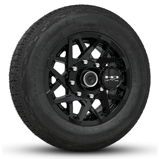 16 INCH | 8 on 6-1/2 | CANYON Aluminum Trailer Wheel w/ Radial Tire Assembly | All Gloss Black ( 1pc )