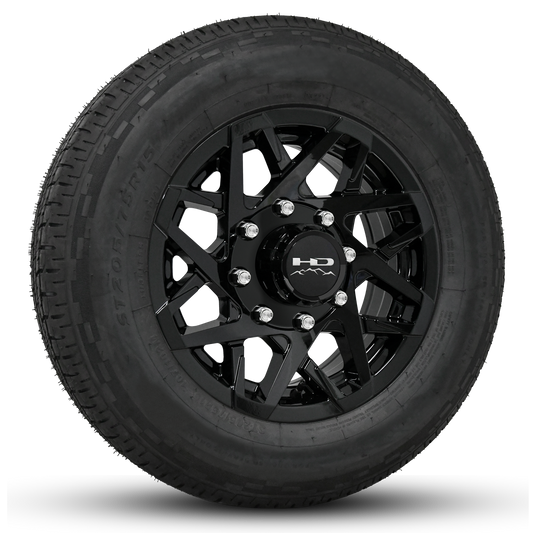 16 INCH | 8 on 6-1/2 | CANYON Aluminum Trailer Wheel w/ Radial Tire Assembly | All Gloss Black ( 1pc )