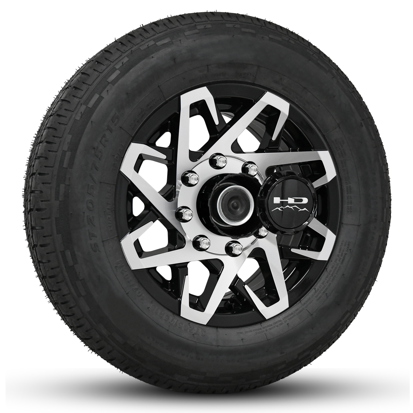 16 INCH | 8 on 6-1/2 | CANYON Aluminum Trailer Wheel w/ Radial Tire Assembly | Gloss Black with Machined Face ( 1pc )