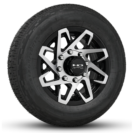 16 INCH | 8 on 6-1/2 | CANYON Aluminum Trailer Wheel w/ Radial Tire Assembly | Gloss Black with Machined Face ( 1pc )