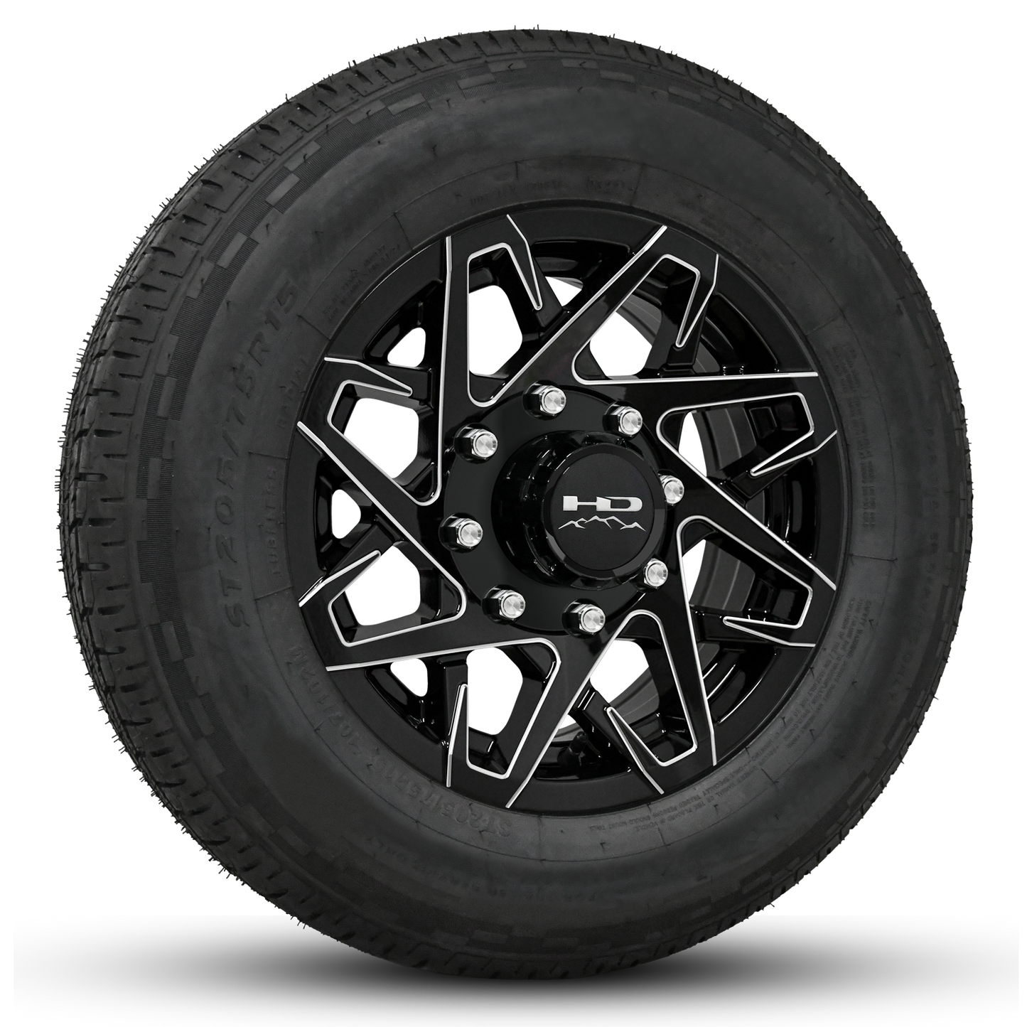 16 INCH | 8 on 6-1/2 | CANYON Aluminum Trailer Wheel w/ Radial Tire Assembly | Gloss Black with Milled Edges ( 1pc )