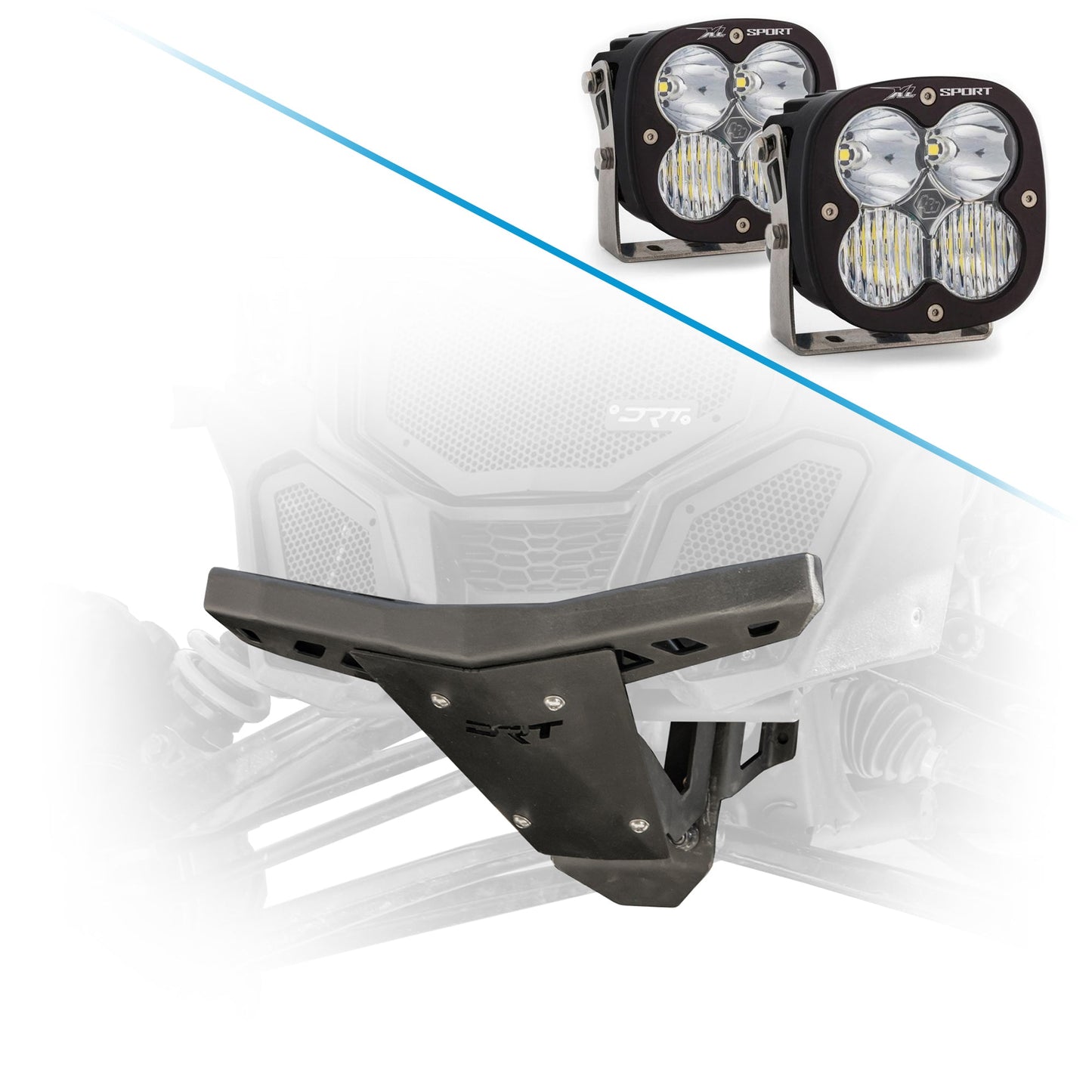 Durable front bumper and bulkhead kit for Maverick X3 2017+ enhances suspension support and stability and Baja Designs XL80 LED Auxiliary Light Pods