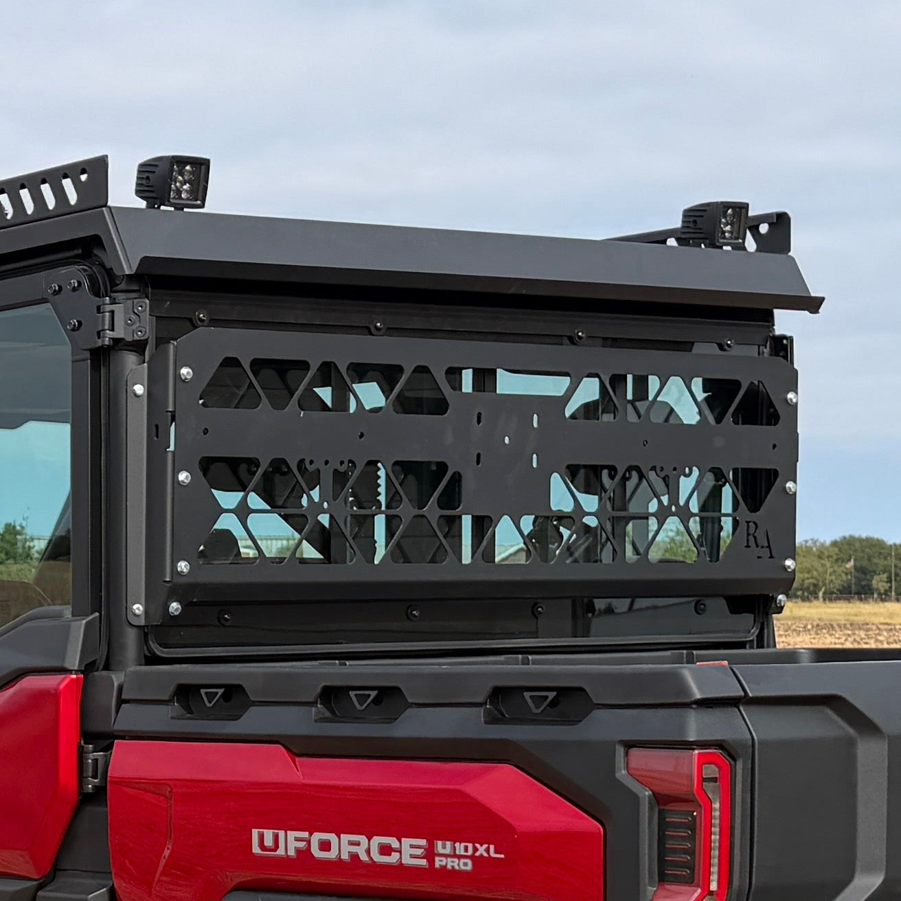 Close-up of Ranch Armor headache rack steel construction and black powder coat finish