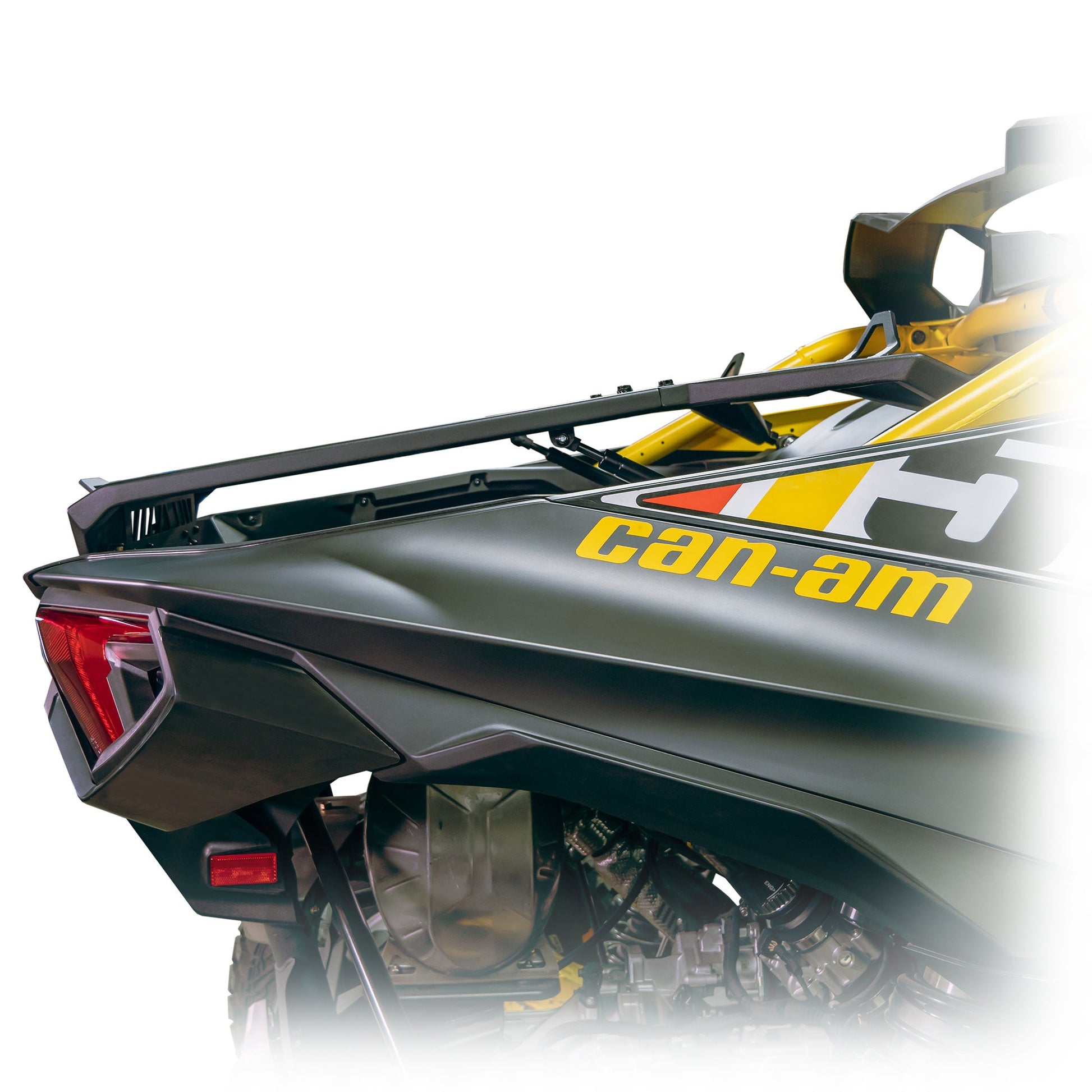 Heavy-duty Maverick R spare tire carrier with boxed frame and adjustable tie-downs