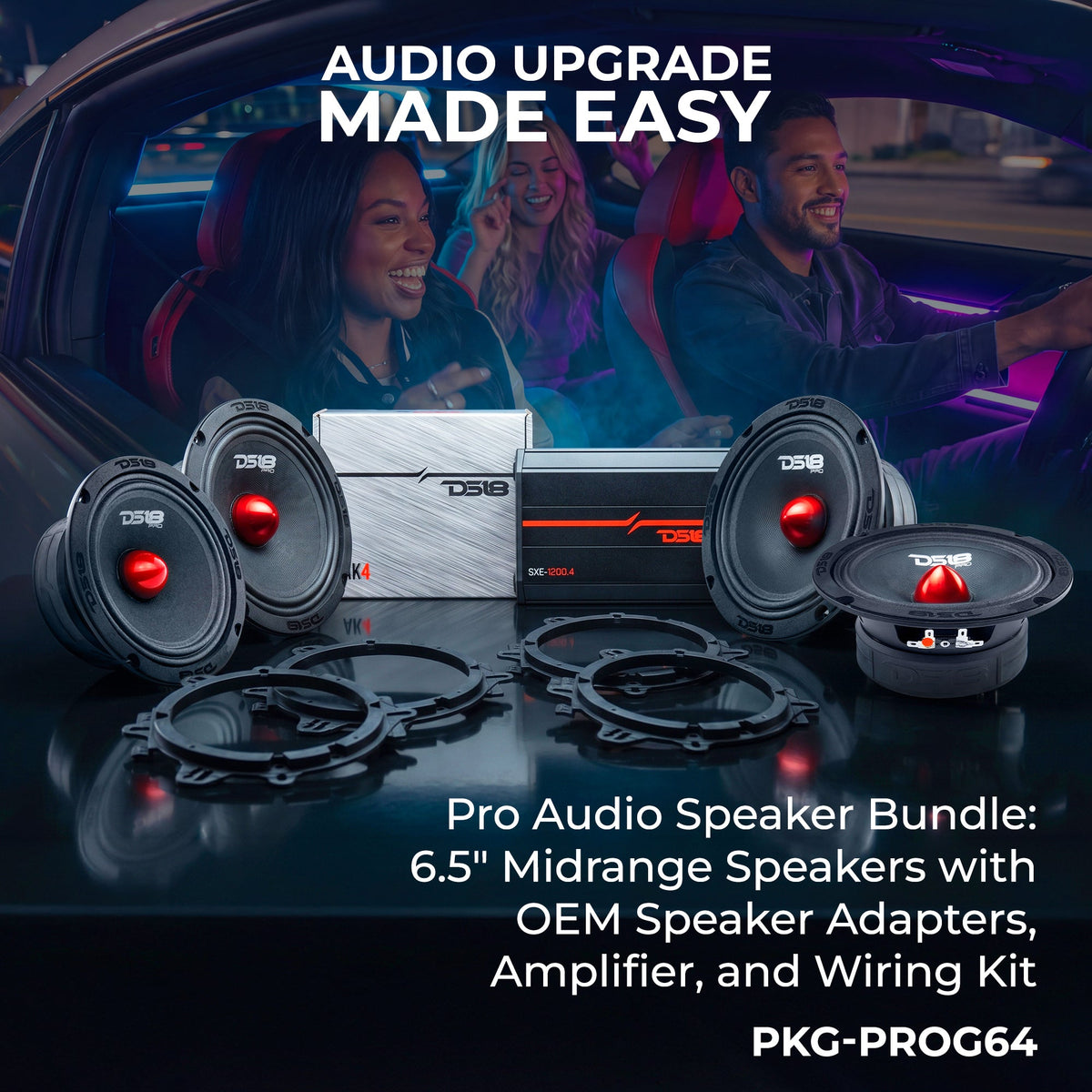 Pro Audio Speaker Bundle: 6.5" Midrange Speakers with OEM Speaker Adapters, Amplifier, and Wiring Kit
