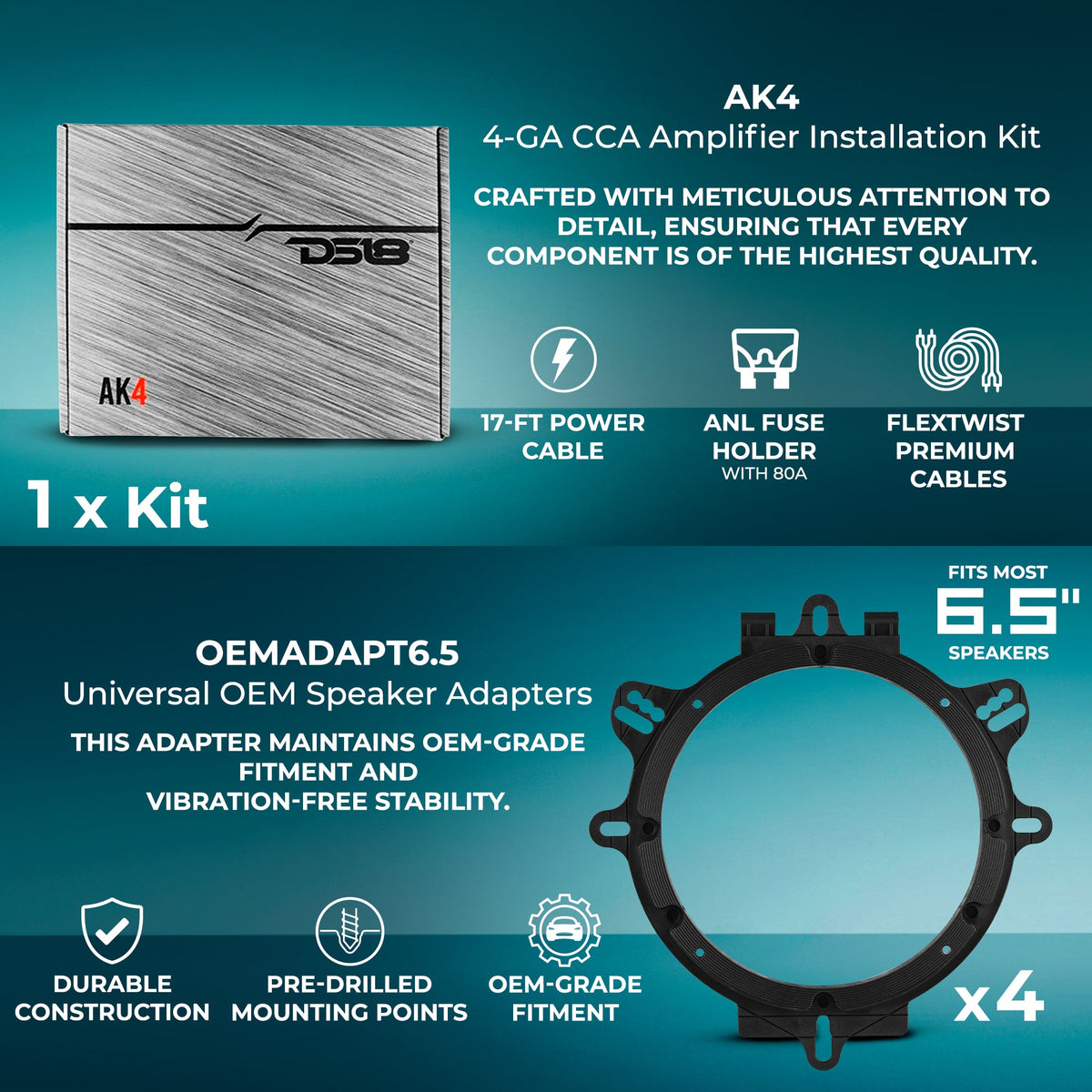 Pro Audio Speaker Bundle: 6.5" Midrange Speakers with OEM Speaker Adapters, Amplifier, and Wiring Kit