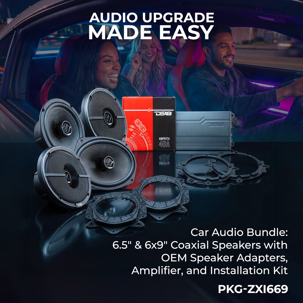 Car Audio Bundle: 6.5" & 6x9" Coaxial Speakers with OEM Speaker Adapters, Amplifier, and Installation Kit