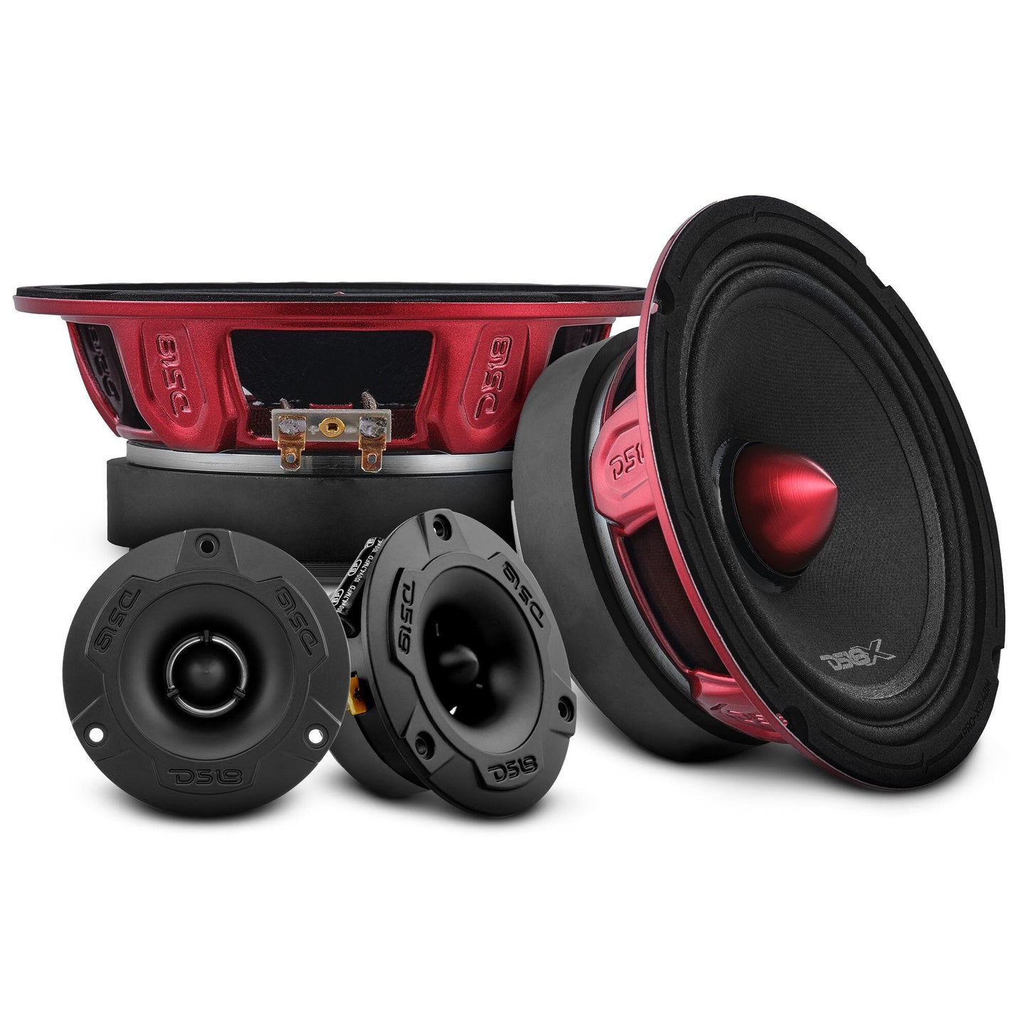 Pro Audio Speaker + Tweeter Bundle: 6.5" Midrange Speakers and 3.8" Bullet Tweeters with OEM Speaker Adapters, Amplifier, and Wiring Kit