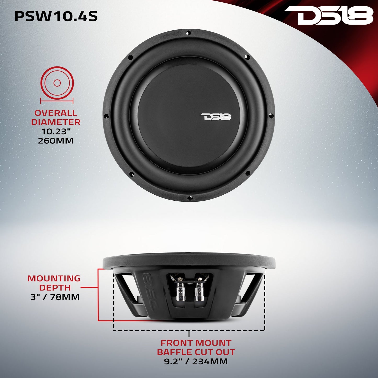 PS Shallow-Mount Water Resistant 10" Subwoofer | 500W RMS Single Voice Coil 4-Ohm