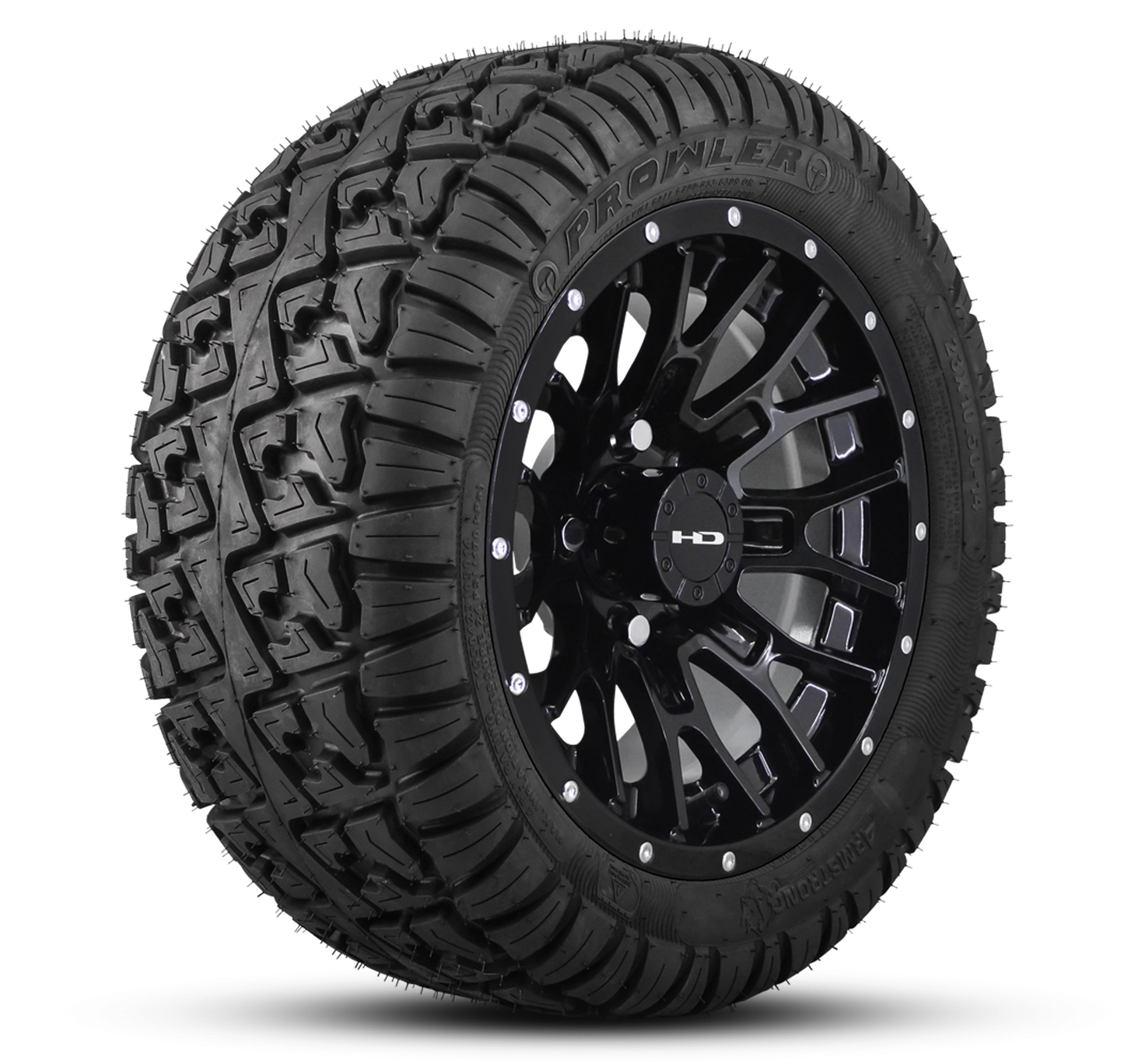 HD Golf Wheel & Tire Package ( 1pc ) 12x7.0 RTC All Gloss Black + Rivets w ( 1pc ) 23 Inch A/T Tire