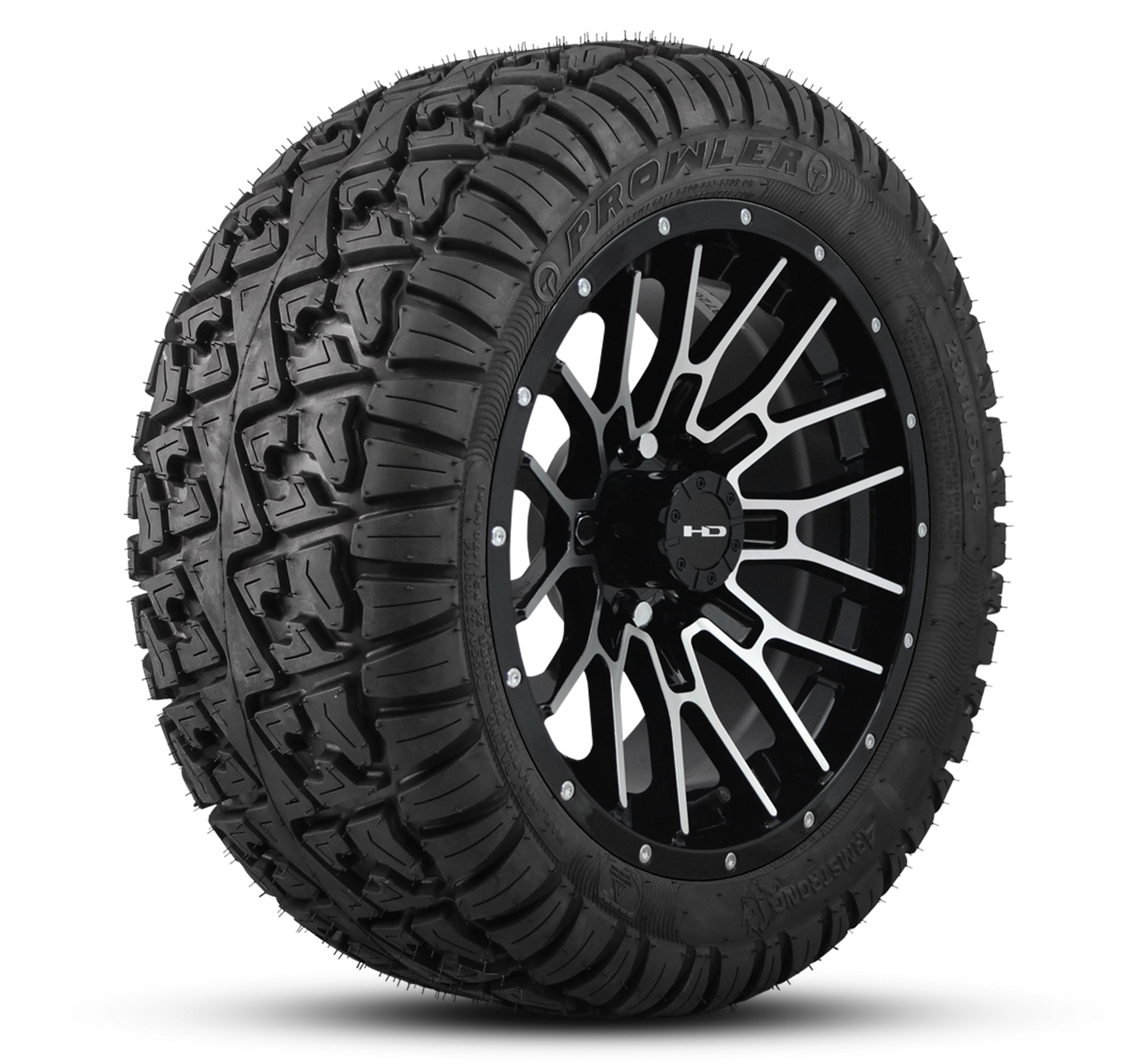 HD Golf Wheel & Tire Package ( 1pc ) 12x7.0 RTC Gloss Black Machined Face + Rivets w ( 1pc ) 23 Inch A/T Tire