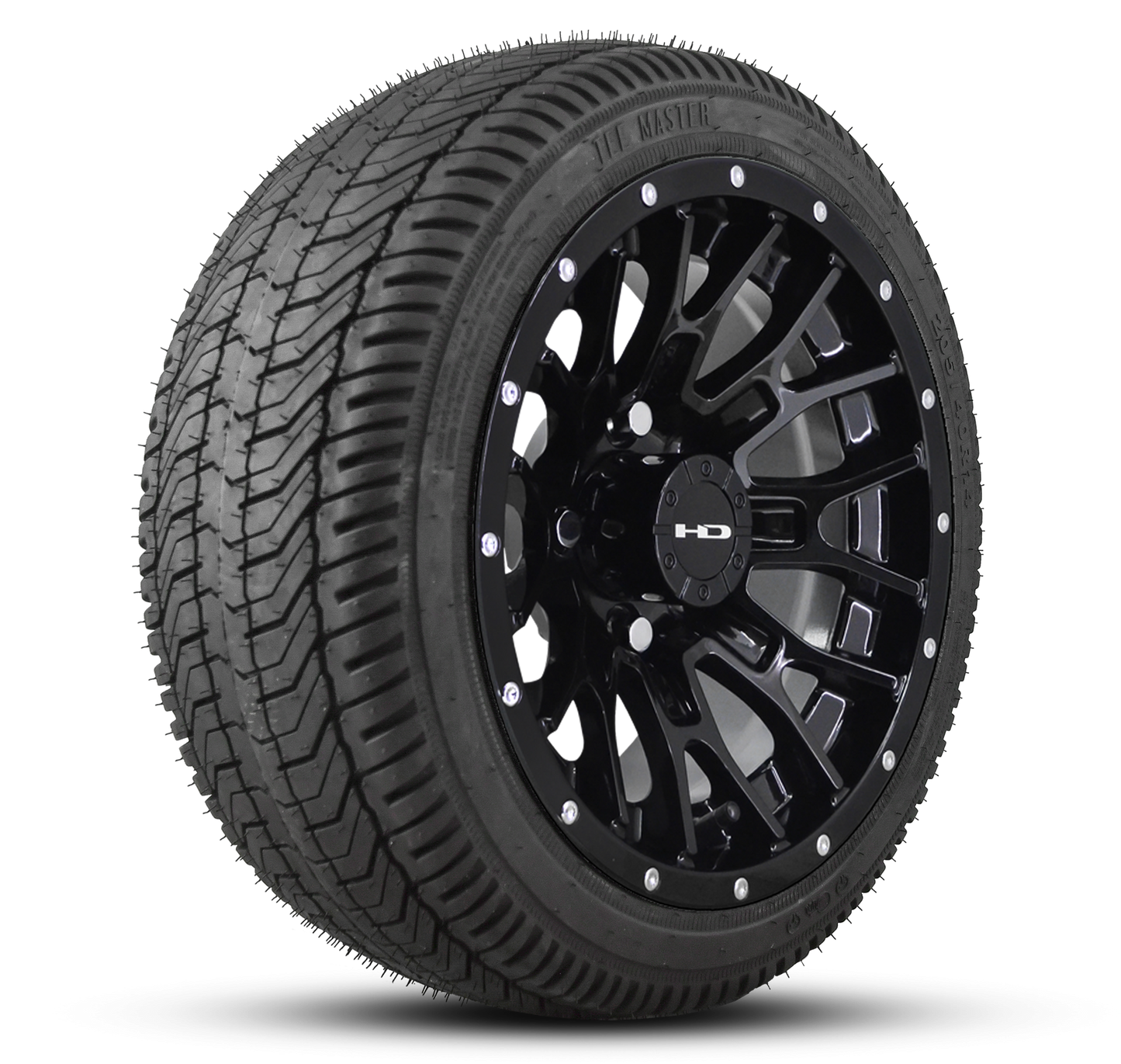HD Golf Wheel & Tire Package ( 1pc ) 14x7.0 RTC All Gloss Black + Rivets w ( 1pc ) 205/40-14 All-Season Tire