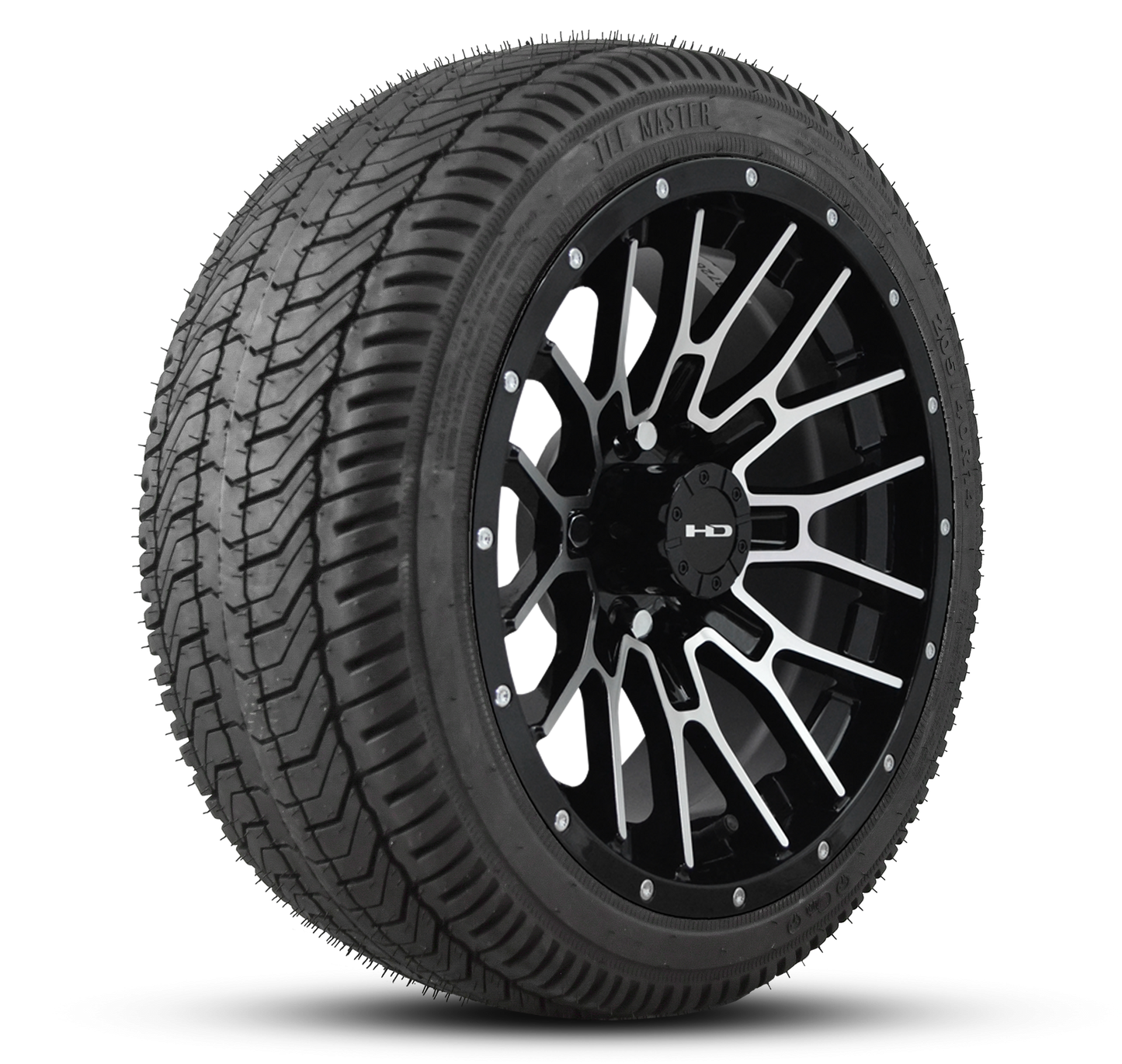 HD Golf Wheel & Tire Package ( 1pc ) 14x7.0 RTC Gloss Black Machined Face + Rivets w ( 1pc ) 205/40-14 All-Season Tire