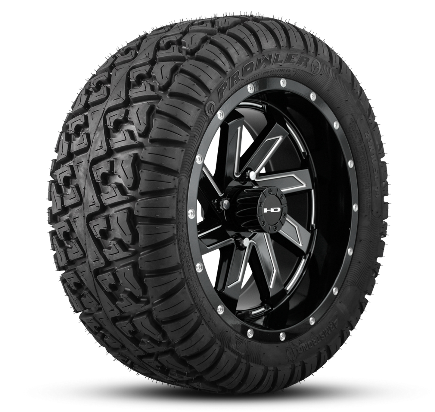 HD Golf Wheel & Tire Package ( 1pc ) 12x7.0 SAW Gloss Black Milled Edges w ( 1pc ) 23 Inch A/T Tire